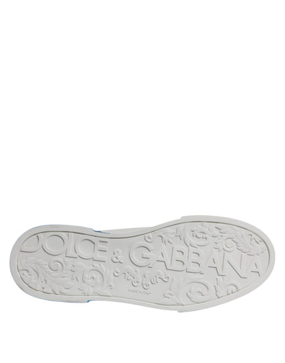 Dolce &amp; Gabbana White and Blue Leather Logo Low-Top Sneakers