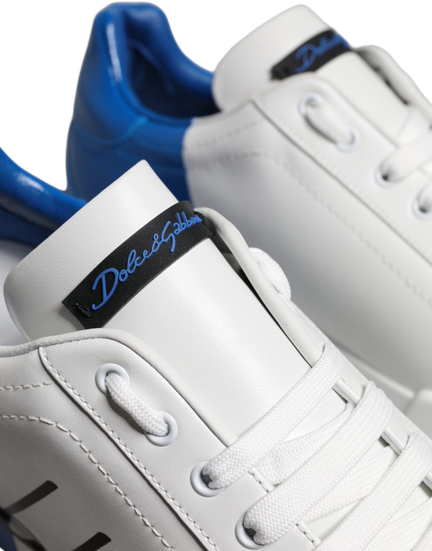 Dolce &amp; Gabbana White and Blue Leather Logo Low-Top Sneakers