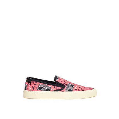 Pink Canvas Slip-On Sneakers with Radio Print