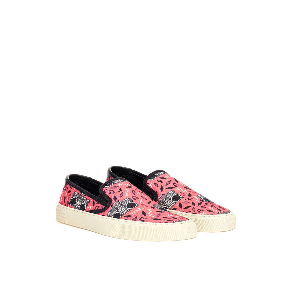 Pink Canvas Slip-On Sneakers with Radio Print