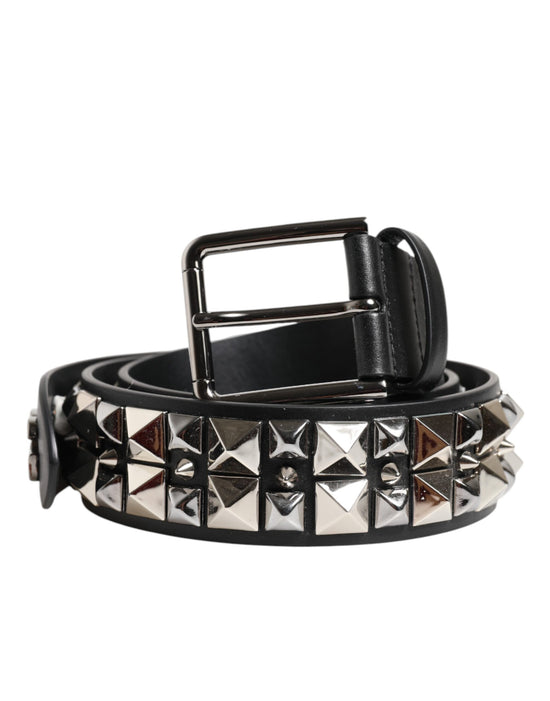 Black Calf Leather Studded Silver Buckle Belt