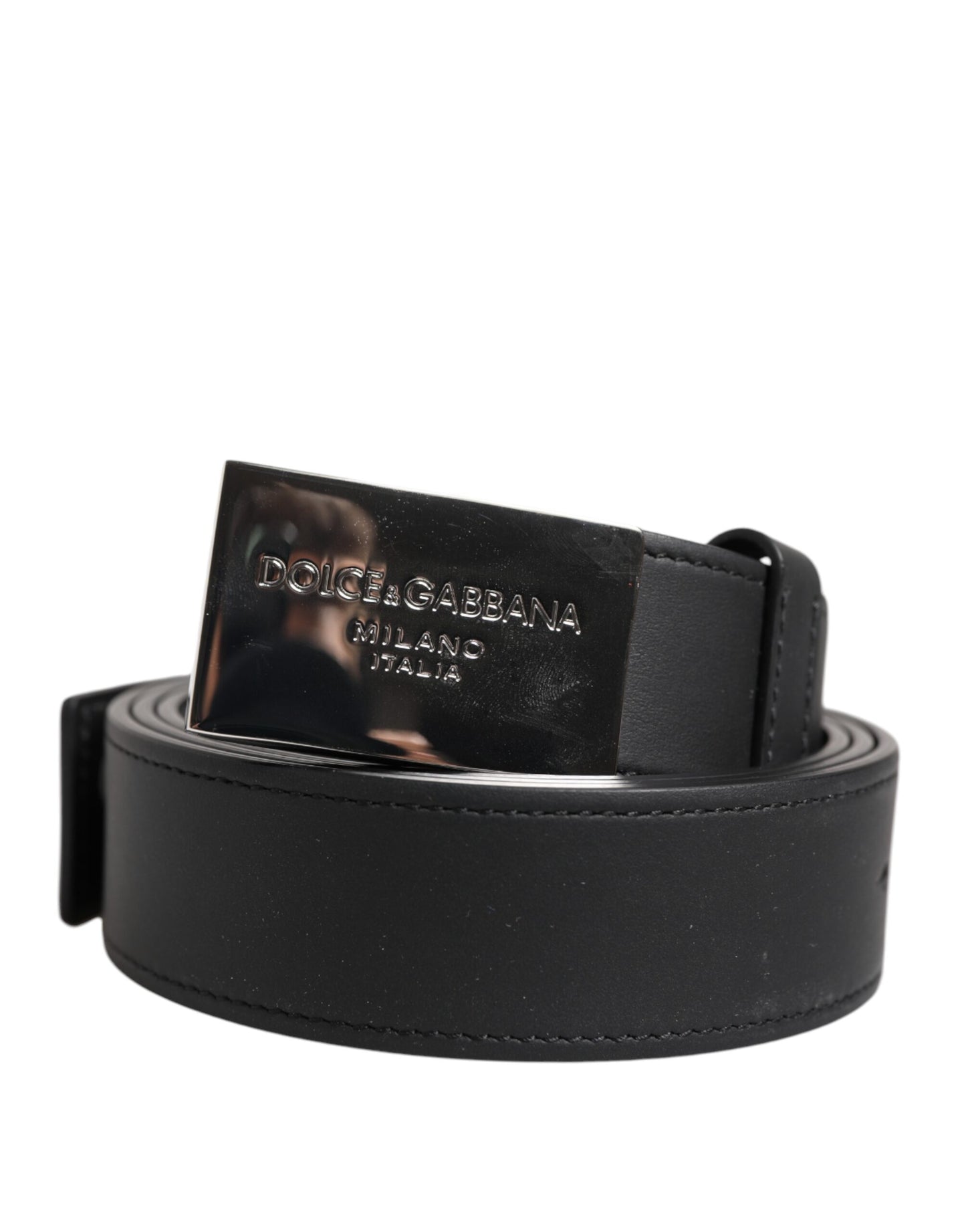 Dolce &amp; Gabbana Black Leather Belt with Silver Metal Logo Buckle