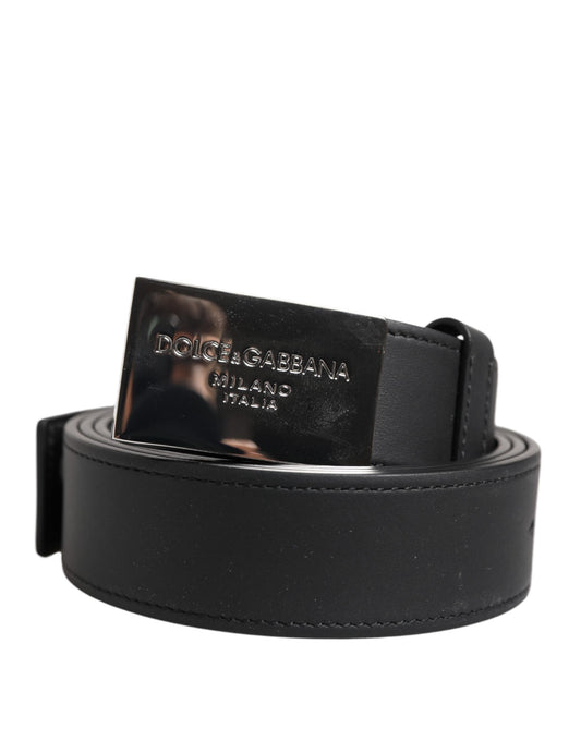 Dolce &amp; Gabbana Black Leather Belt with Silver Metal Logo Buckle