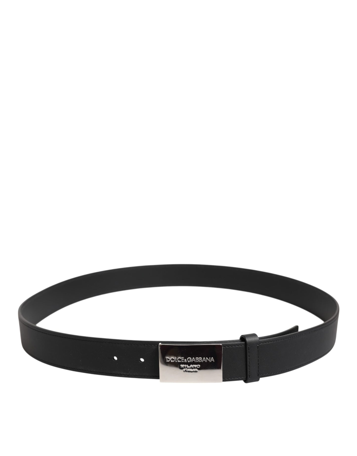 Dolce &amp; Gabbana Black Leather Belt with Silver Metal Logo Buckle