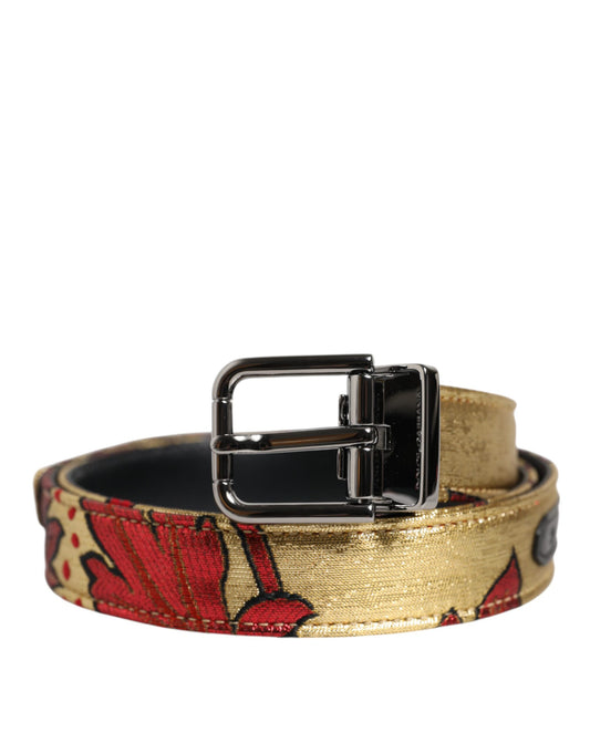 Dolce &amp; Gabbana Gold Floral Jacquard Belt with Silver Metal Buckle