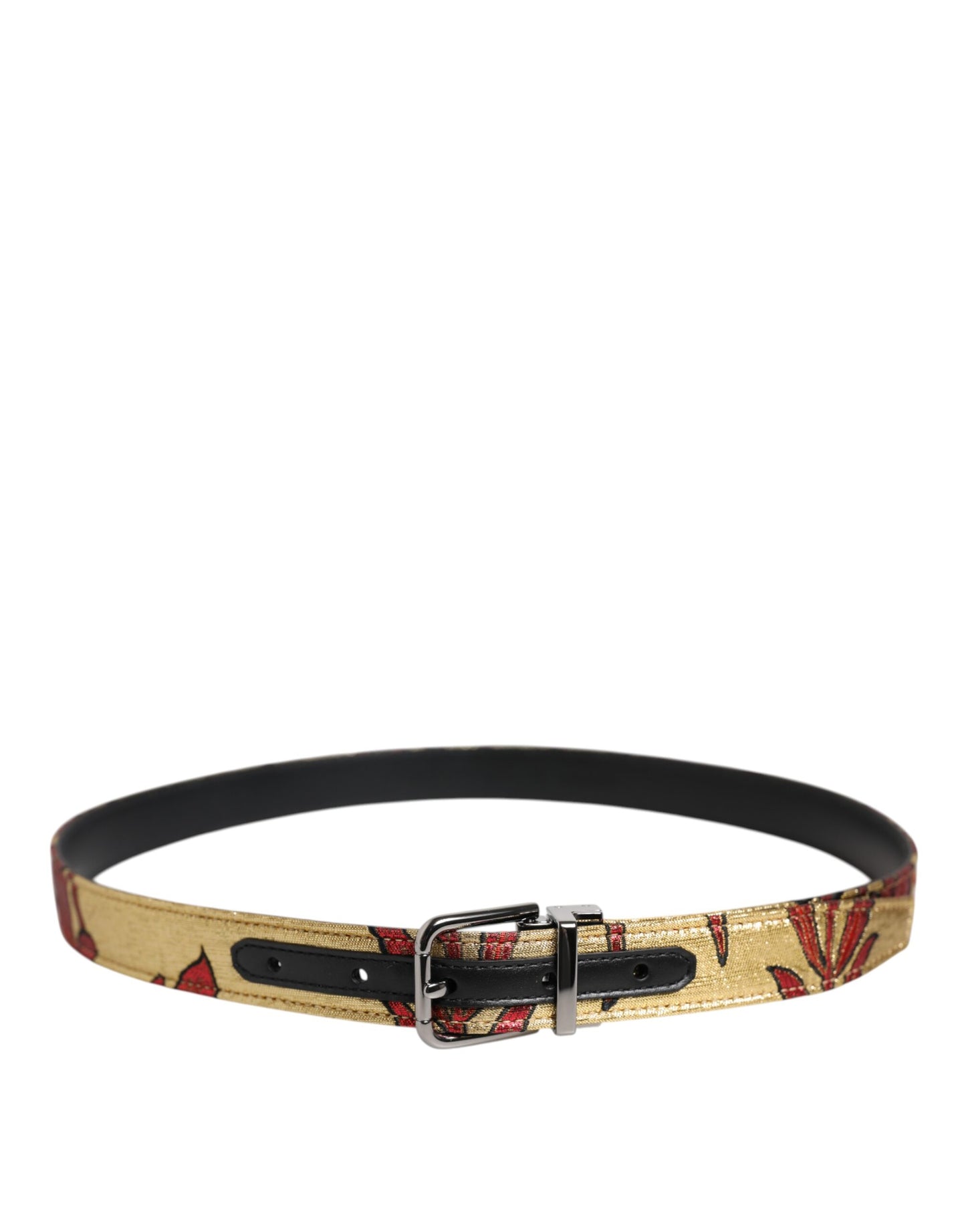 Dolce &amp; Gabbana Gold Floral Jacquard Belt with Silver Metal Buckle