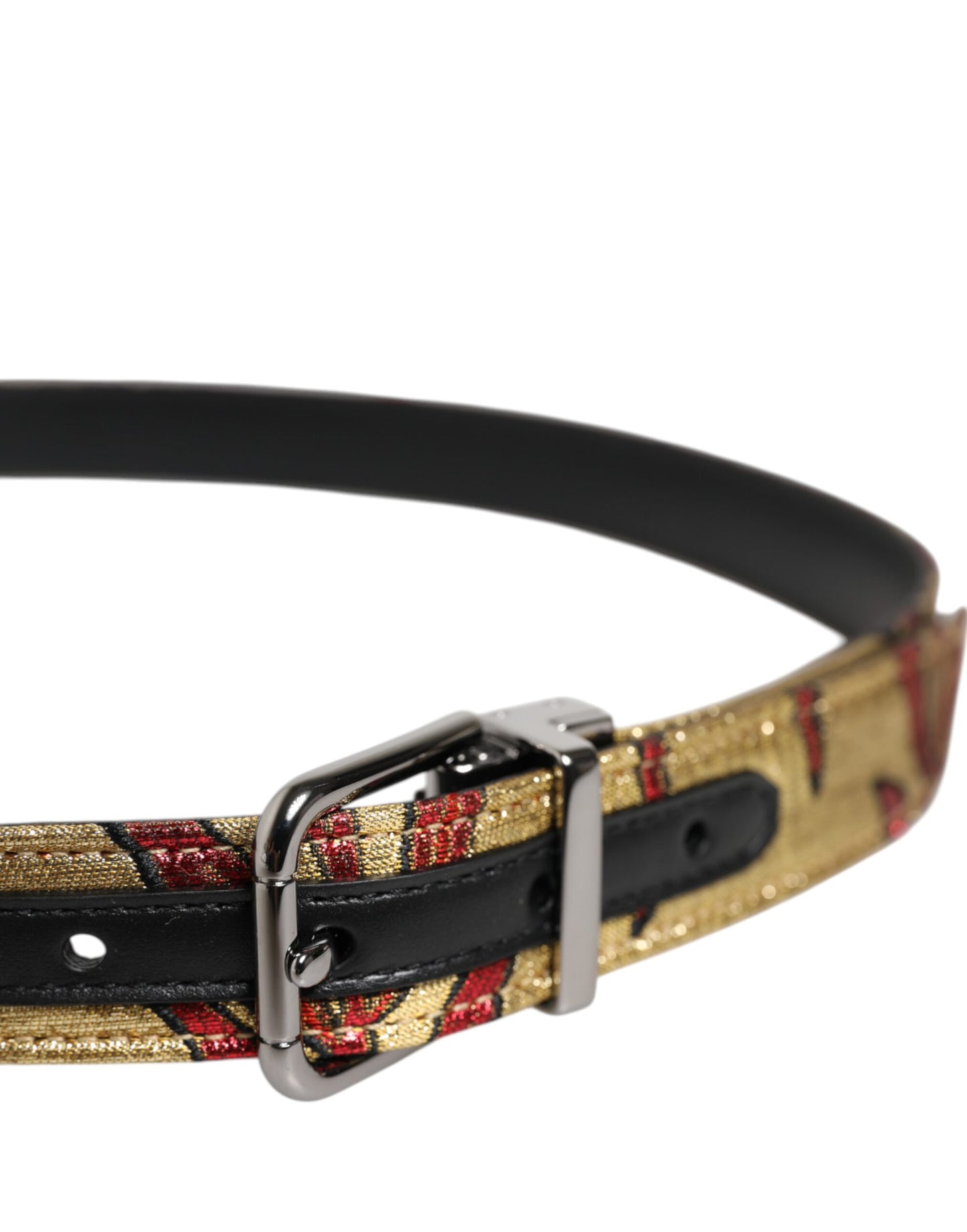 Dolce &amp; Gabbana Gold Floral Jacquard Belt with Silver Metal Buckle