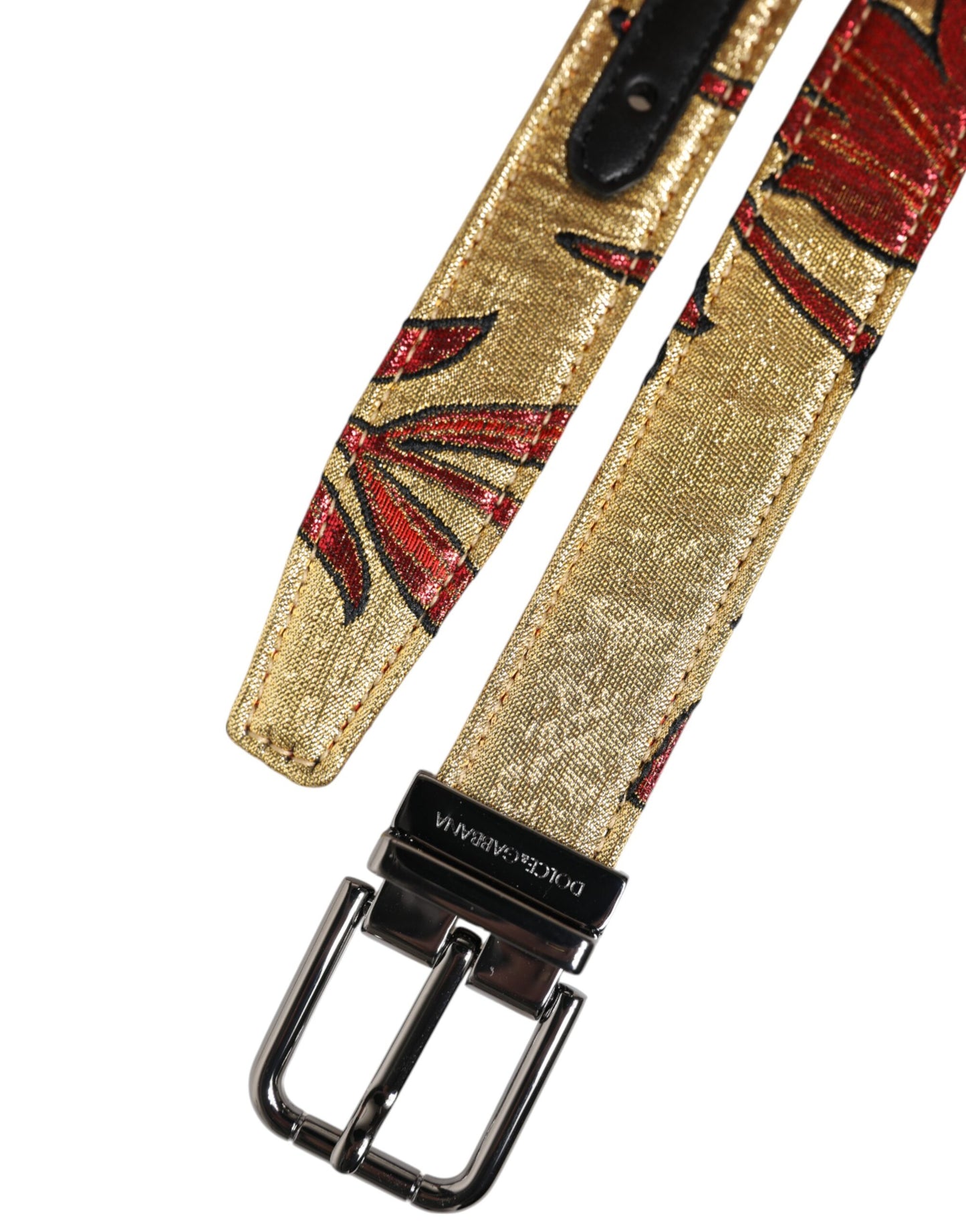 Dolce &amp; Gabbana Gold Floral Jacquard Belt with Silver Metal Buckle