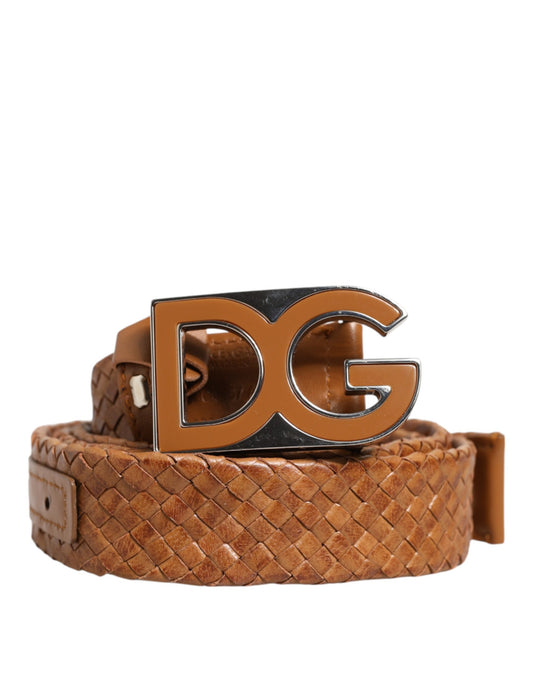 Dolce &amp; Gabbana Brown Braided Metal DG Logo Buckle Belt