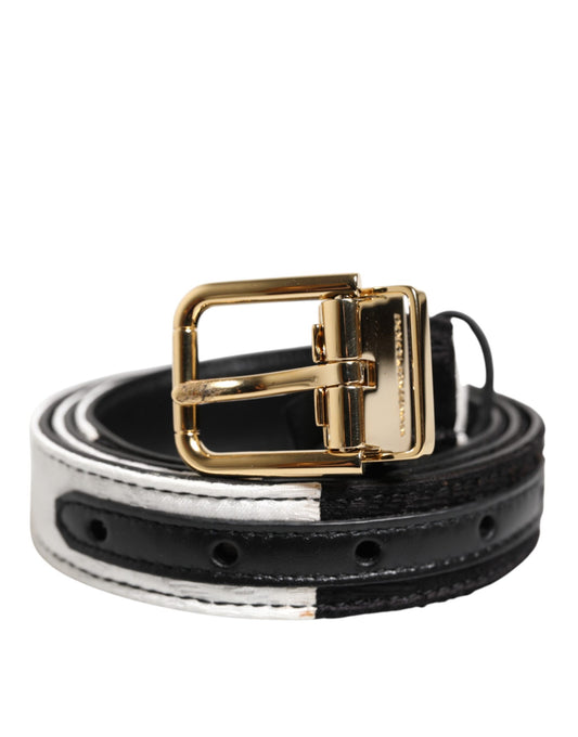 Dolce &amp; Gabbana Black and White Patchwork Belt with Gold Metal Buckle