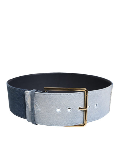 Dolce &amp; Gabbana Two-Tone Blue Denim Belt with Gold Metal Buckle