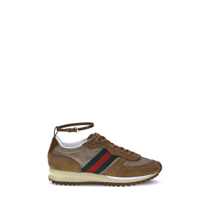 Leather Sneakers with Adjustable Ankle Strap - Brown