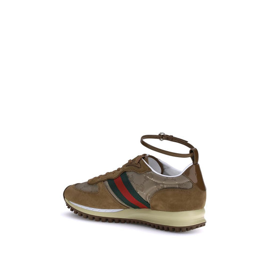 Leather Sneakers with Adjustable Ankle Strap - Brown