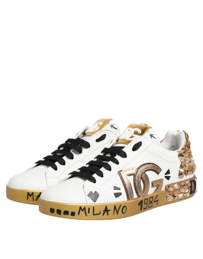 Dolce &amp; Gabbana White Gold Crystal Portofino Sneakers