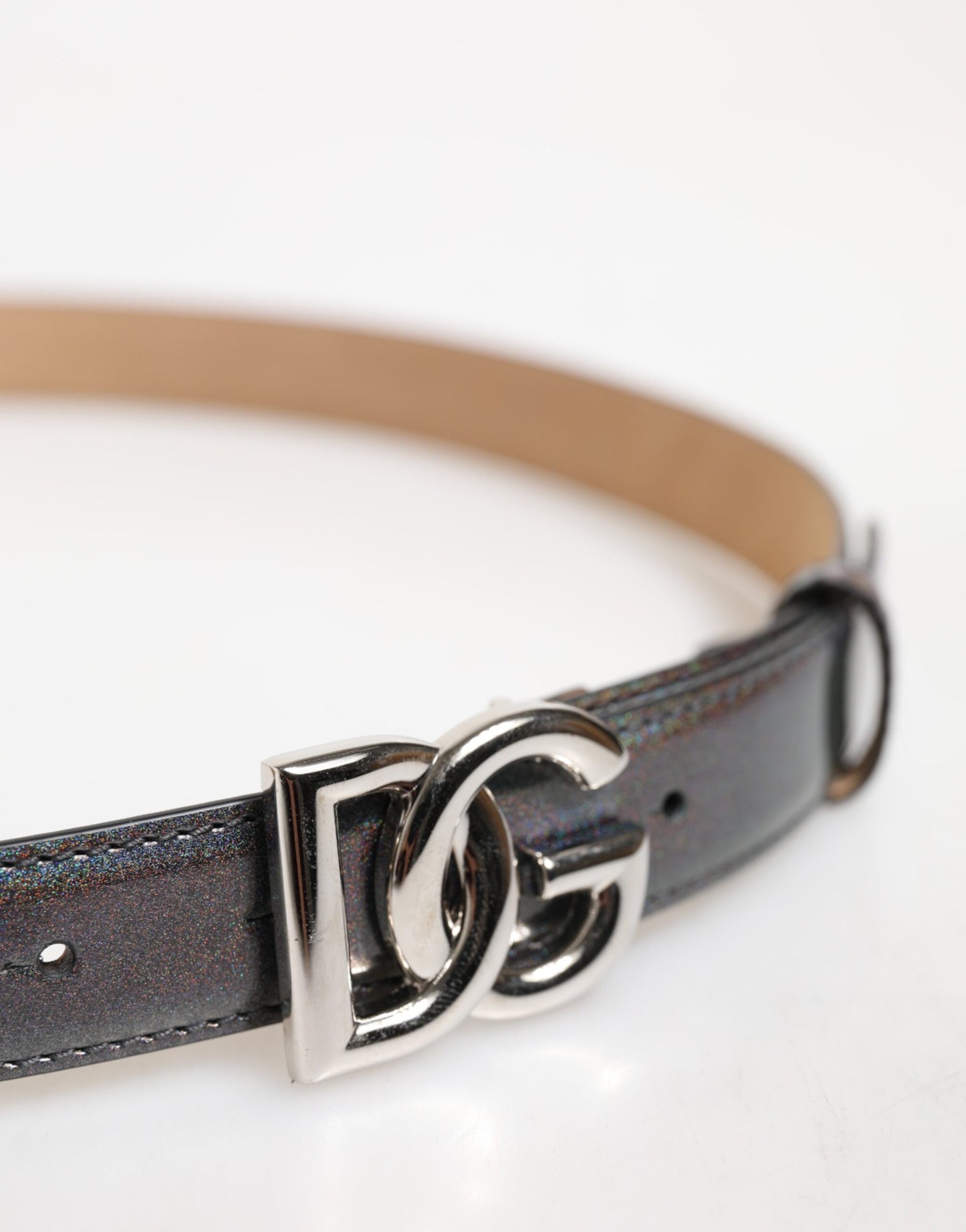 Dolce &amp; Gabbana Metallic Leather Belt with Silver-Tone Logo Buckle
