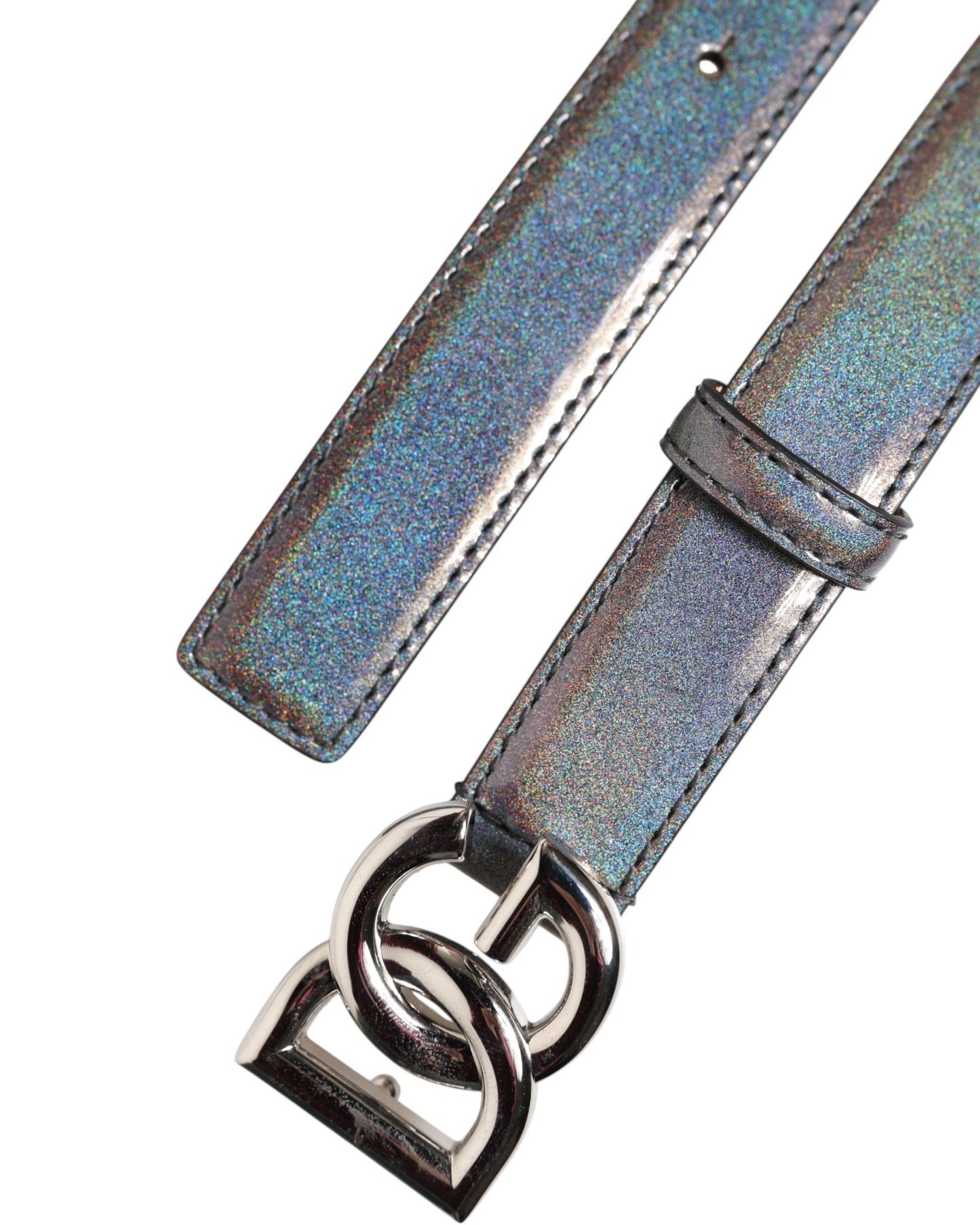 Dolce &amp; Gabbana Metallic Leather Belt with Silver-Tone Logo Buckle