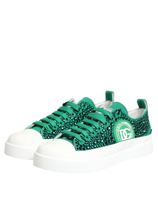 Dolce &amp; Gabbana Green Portofino Crystal DG Logo Sneakers