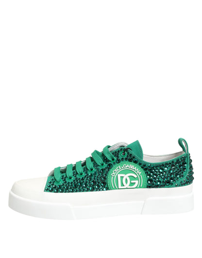 Dolce &amp; Gabbana Green Portofino Crystal DG Logo Sneakers