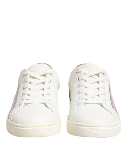 Dolce &amp; Gabbana White and Pink Leather Low-Top Sneakers