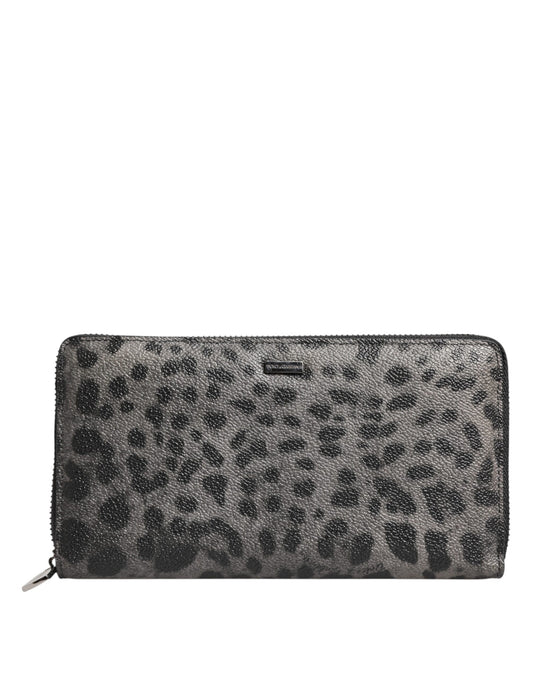 Dolce &amp; Gabbana Black Gray Leopard Leather Zip-Around Continental Wallet