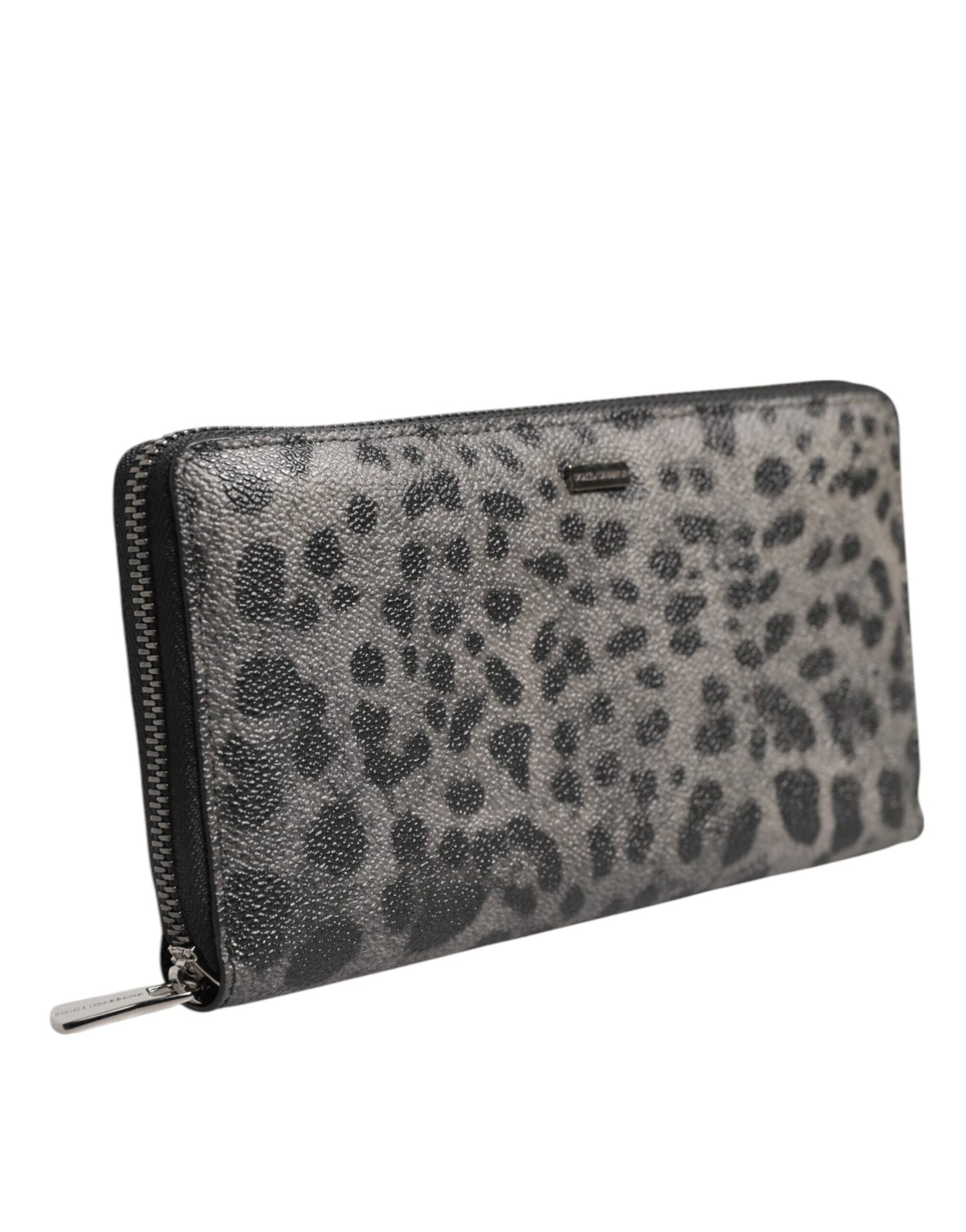 Dolce &amp; Gabbana Black Gray Leopard Leather Zip-Around Continental Wallet