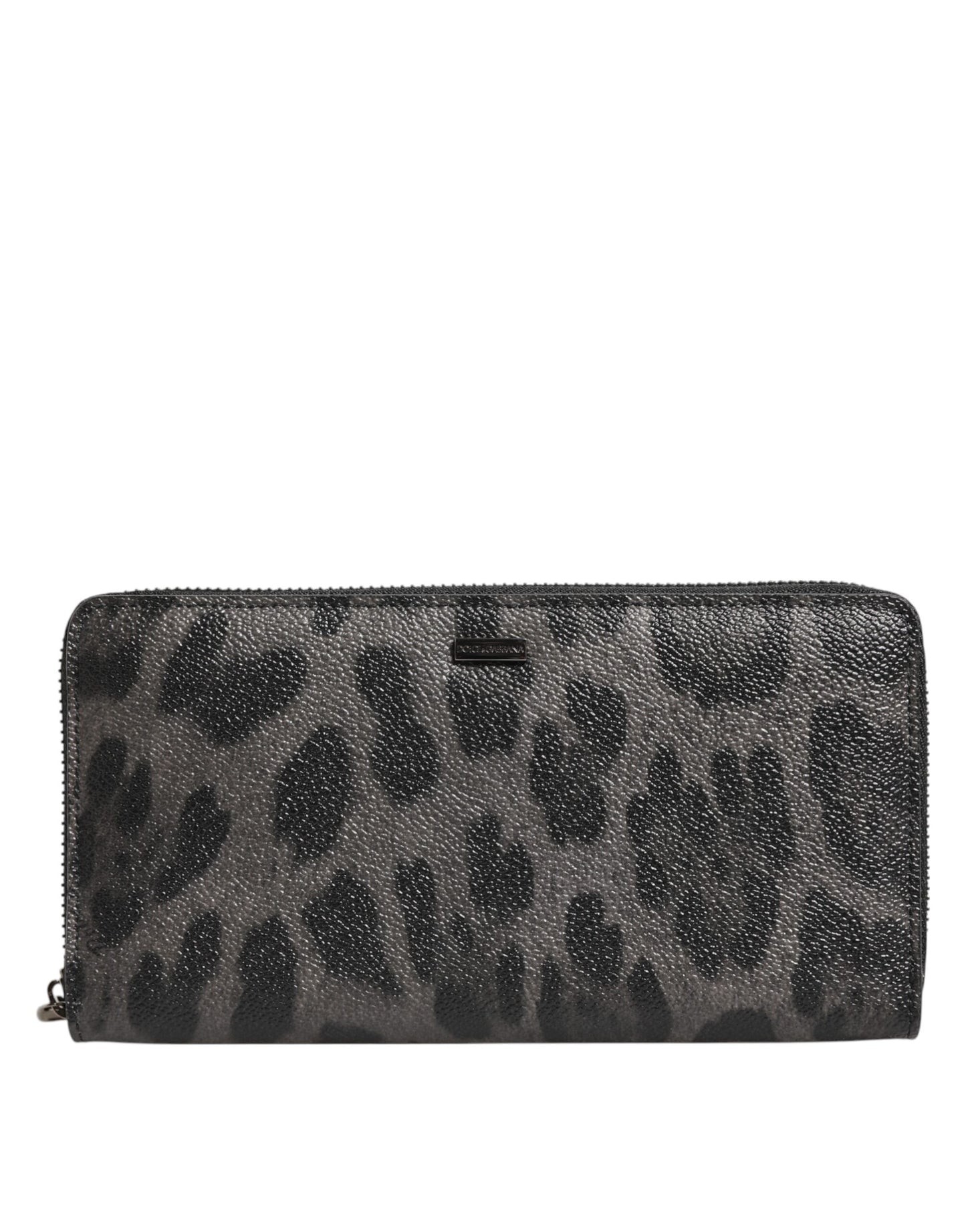 Dolce &amp; Gabbana Black Gray Leopard Leather Zip-Around Continental Wallet