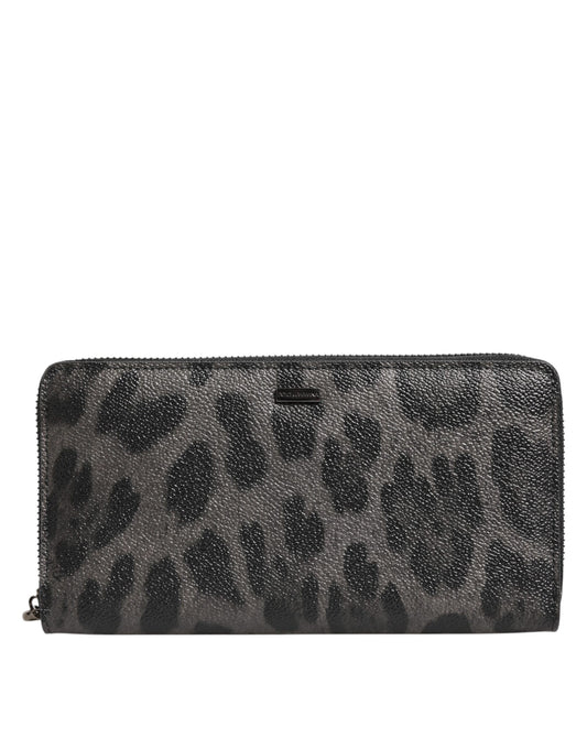 Dolce &amp; Gabbana Black Gray Leopard Leather Zip-Around Continental Wallet