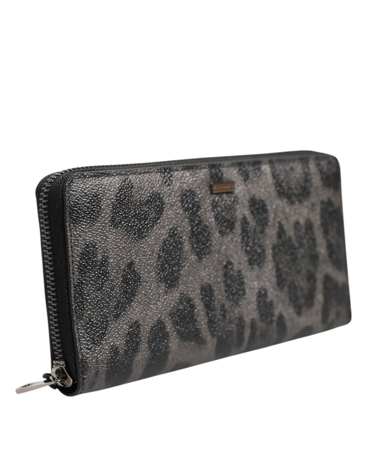 Dolce &amp; Gabbana Black Gray Leopard Leather Zip-Around Continental Wallet