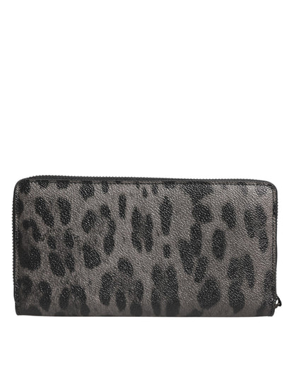 Dolce &amp; Gabbana Black Gray Leopard Leather Zip-Around Continental Wallet