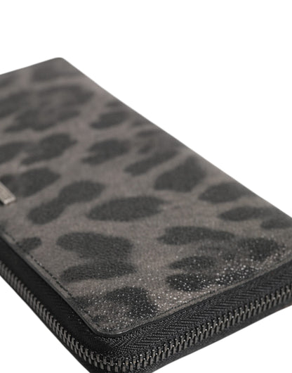 Dolce &amp; Gabbana Black Gray Leopard Leather Zip-Around Continental Wallet
