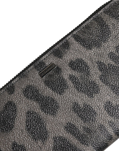 Dolce &amp; Gabbana Black Gray Leopard Leather Zip-Around Continental Wallet