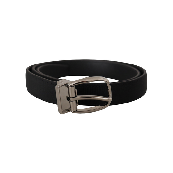 Black Grosgrain Leather Silver Logo Buckle Belt