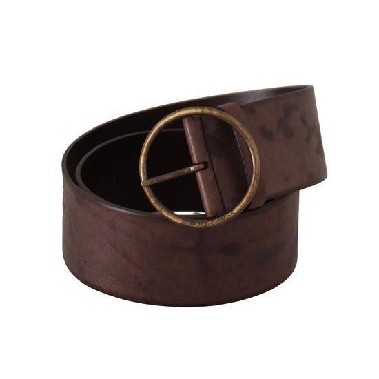 Dark Brown Wide Calf Leather Logo Round Buckle Belt