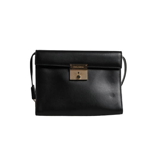 Black Leather Logo Plaque Document Briefcase Bag