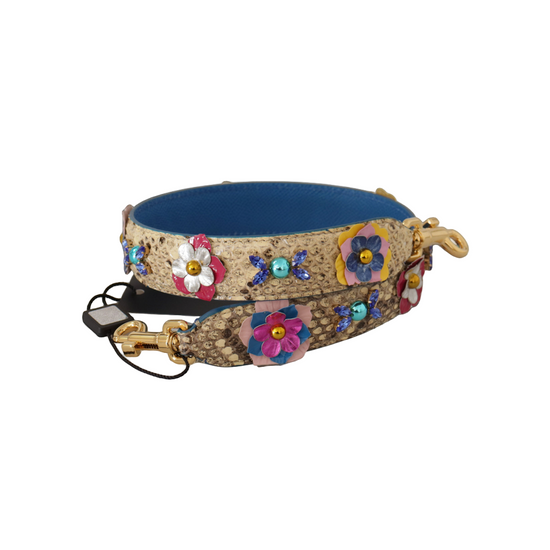 Beige Python Leather Floral Studded Shoulder Strap