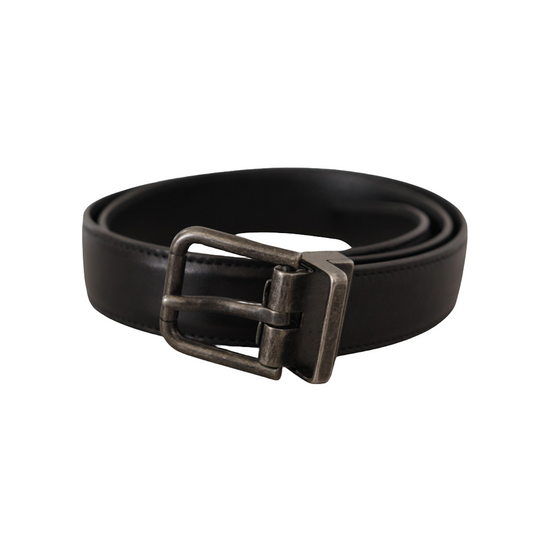 Black Calf Leather Logo Metal Buckle Belt