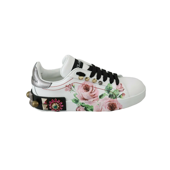 White Leather Crystal Roses Floral Sneakers Shoes