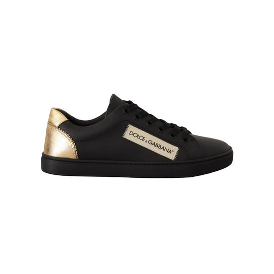 Black Gold Leather Low Top Sneakers Womens Shoes