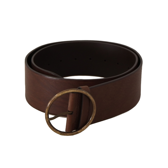 Brown Leather Wide Waist Logo Metal Round Buckle Belt