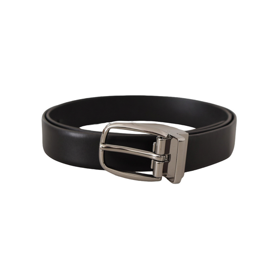 Black Leather Silver Metal Chrome Logo Buckle  Belt