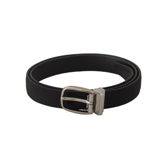 Black Calf Canvas Silver Tone Logo Metal Belt